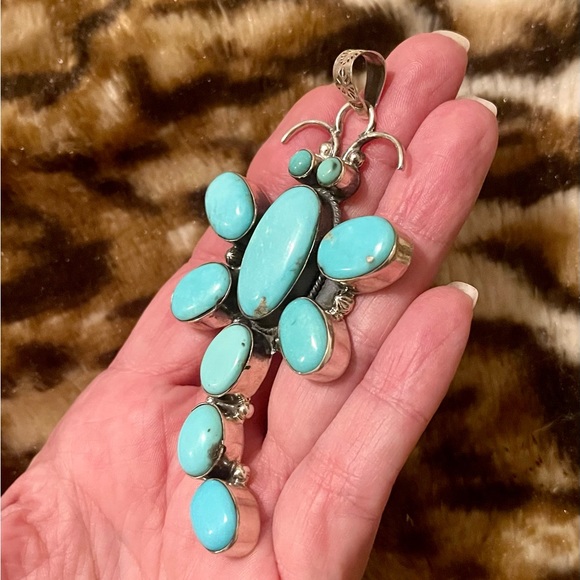 Huge Native American Sterling Silver Turquoise Dragonfly Pendant - Picture 6 of 8